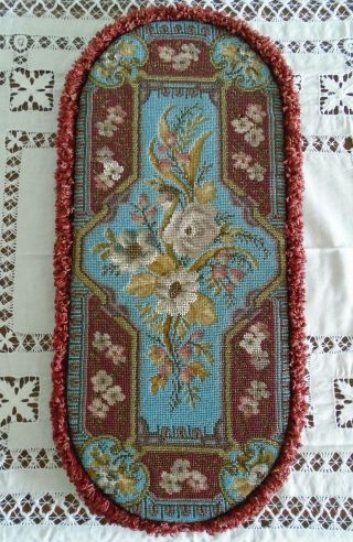 Antique Victorian Floral Embroidered And Beaded Beadwork Panel Tray