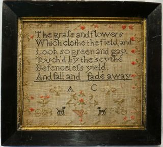 Small Early 19th Century Verse & Motif Sampler By Alice Chesterton - C.  1830