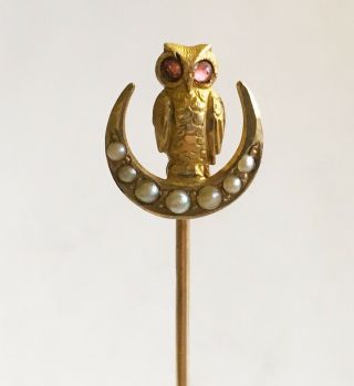 Antique Art Nouveau 10k Stick Pin With Owl And Moon With Pearls