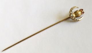 Antique Art Nouveau 10k Stick Pin With Owl And Moon With Pearls 2