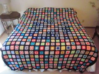 Vintage Handcrafted Large Heavy - Duty Crochet Granny Square Blanket 77 X 106