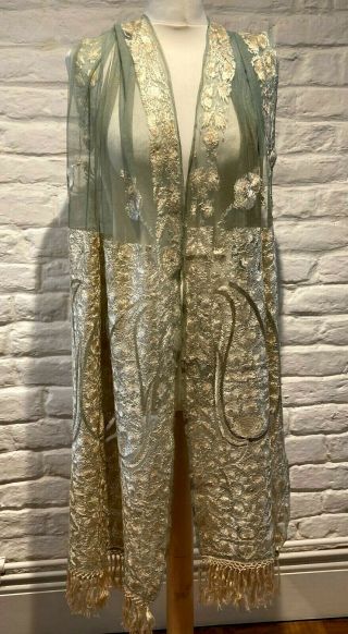 Antique Very Long Tulle And Silk Embroidery Scarf/shawl