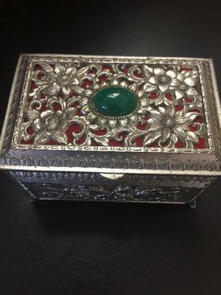 Vintage Metal Jewelry/trinket Box - - - - Silver Tone - - - Floral Green Stone Footed