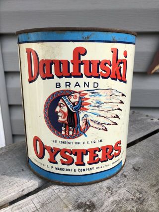 Antique Vintage Daufuski Brand Indian Tin 1 Gal Oyster Can W/ Lid - Savannah,  Ga