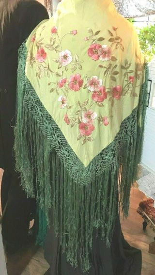 Long Fringe Antique Silk Embroidered Piano Scarf/shawl.