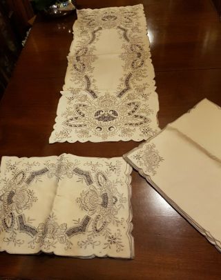 Vintage 17pc Embroidered Madeira Tablecloth Set Napkins Placemats Table Runner