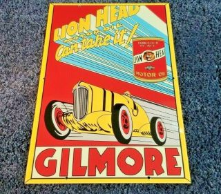 Vintage Lion Head Gilmore Motor Oil,  Race Car 18 " Porcelain Metal Gasoline Sign