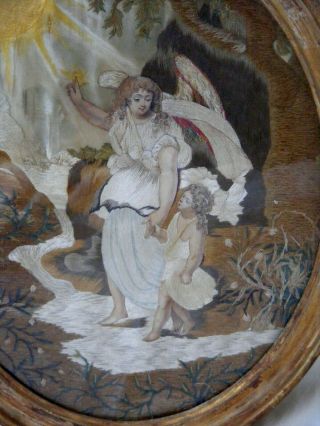 Antique Regency Silk Work Painting,  Angel And Child C1810 Memento Mori