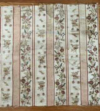 Antique 18th C French Or Chinese Hand Painted Floral & Bird Silk Fabric,  17 " Sq.