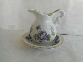 Small Pitcher And Bowl Set Violet Flowers Accented With Butterfliys Japan