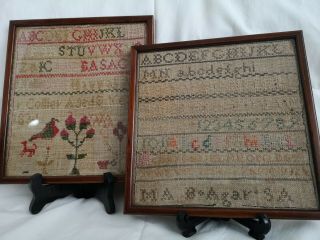 2 Small 19th Century Antique Samplers In Vintage Frames 2