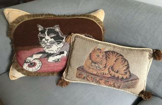 2 X Cat Cushions Vintage Needlepoint Embroidery & Woven Tassel Trim With Pads
