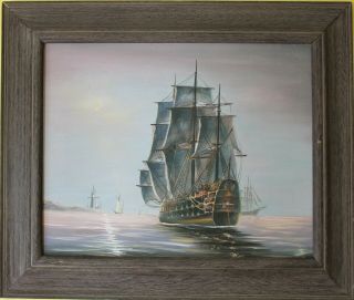 Vintage Oil Painting On Canvas,  Seascape,  Sailing Ships On The Sea