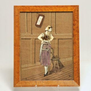 German Stumpwork Illustration Embroidery,  Pretty Girl & Mirror 1800 