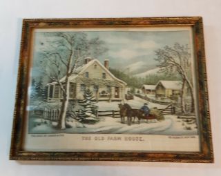 Vintage Framed Currier & Ives Print On Linen The Old Farm House Embroidered