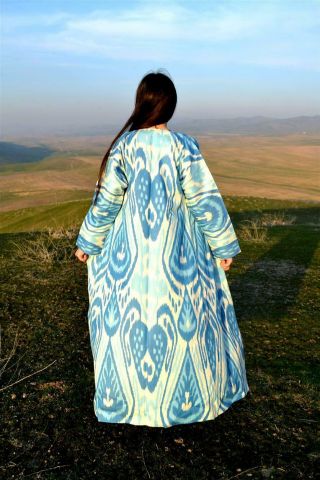 Uzbek Vintage Handmade Robe Long Dress Chapan Jacket Coat Ikat Chapan Cotton