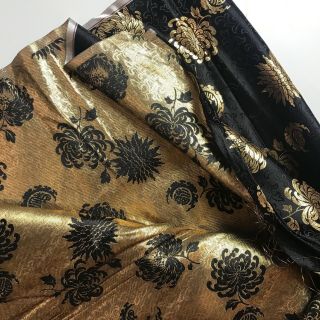 Vintage Oriental Silk Brocade Fabric Gold And Black Floral Design