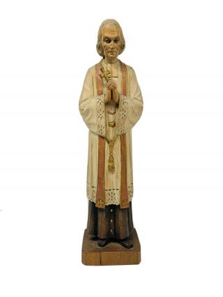 Vintage St.  John Vianney - Hand Carved Wooden Statue Figurine - European