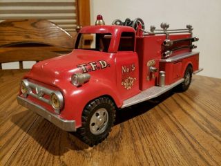 Vintage Tonka 1956 Ford Cab T.  F.  D.  PUMPER FIRE TRUCK No.  5 with Ladder & Hoses 3