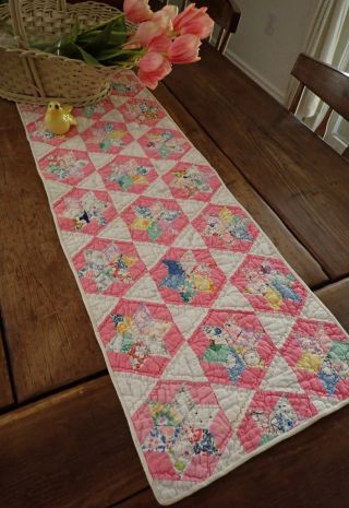 Tiny Stars Vintage Pink,  Feedsack Farmhouse Table Quilt Runner 34x12