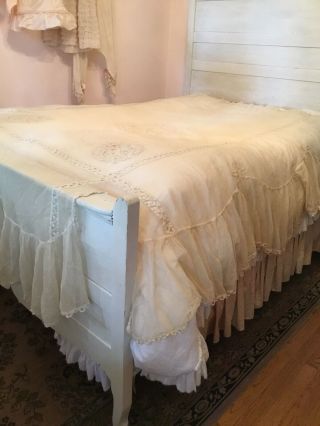 Vtg.  Antique Net Lace Bed Topper Coverlet Matching Long Pillow Cover Collector