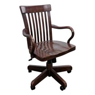 Vintage Dark Maple Solid Wood Bankers Office Chair Swivels Adjustable W/ Wheels