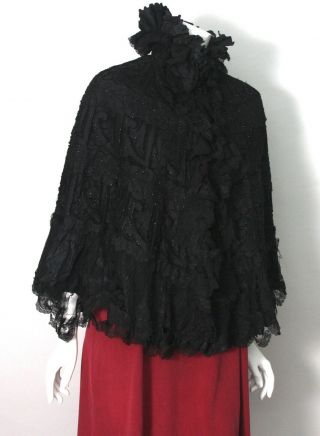Antique Victorian Mourning Cape Black Beaded With Lace Steam Punk Goth (155)