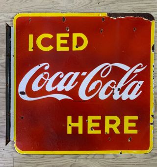 Vintage Iced Coca - Cola Here 19”x18” Double Sided Flange Porcelain Enamel Sign.