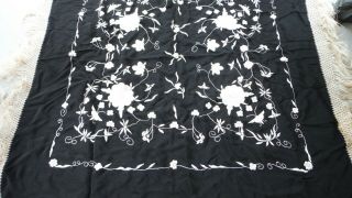 Antique Hand - Embroidered Black Silk Piano Shawl 30 " Sq W/ 7 " Fringe (44 ") - Vgc