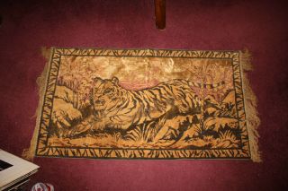Antique Tapestry Rug Lion Roaming Jungle Small Detailed Rug Fabric