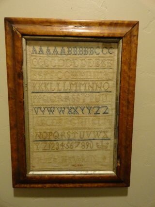 Antique Cross Stitch Sampler In Birdseye Maple Frame