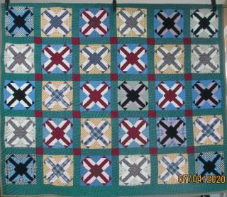 Late 19th C.  Double T Block Quilt,  Hand Pieced & Hand Quilted,  68 X 79