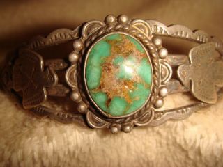 Vtg.  Fred Harvey Era Old Pawn Sterling Silver,  Green Turquoise Thunderbird Cuff