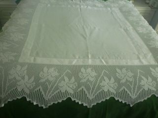 Large Antique Irish Linen Tablecloth Deep Hand Crochet Border Daffodils