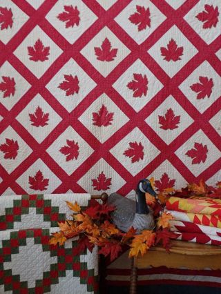 Early 1860 Antique Turkey Red Applique Maple Leaf Quilt 85x84 Fall Favorite