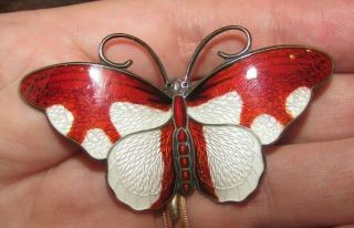 Vintage Hroar Prydz Norway Sterling Silver Enamel Butterfly Brooch Pin Red White