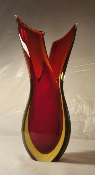 Vintage Sommerso Luigi Onesto Murano Art Glass Fishtail Vase Red Amber