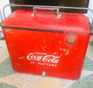 Vintage Embossed Coca Cola Metal Cooler With Bottle Opener & Inner Tray