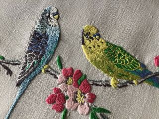 Exquisite Vintage Linen Hand Embroidered Tablecloth Budgies & Cherry Blossom