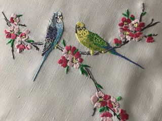 EXQUISITE VINTAGE LINEN HAND EMBROIDERED TABLECLOTH BUDGIES & CHERRY BLOSSOM 2