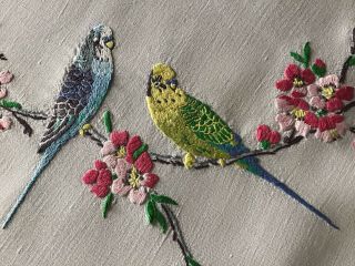 EXQUISITE VINTAGE LINEN HAND EMBROIDERED TABLECLOTH BUDGIES & CHERRY BLOSSOM 3