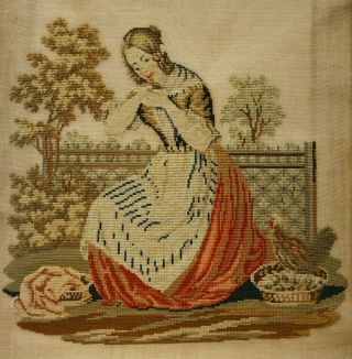Mid 19th Century Needlepoint Of A Young Woman With Hen & Chick - C.  1870