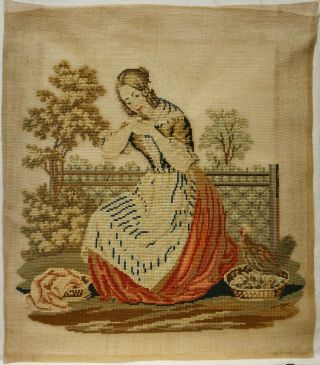 MID 19TH CENTURY NEEDLEPOINT OF A YOUNG WOMAN WITH HEN & CHICK - c.  1870 2