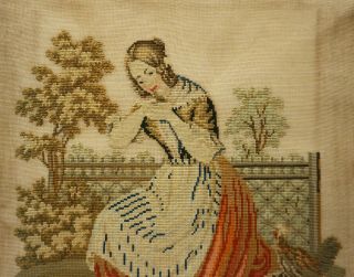 MID 19TH CENTURY NEEDLEPOINT OF A YOUNG WOMAN WITH HEN & CHICK - c.  1870 3