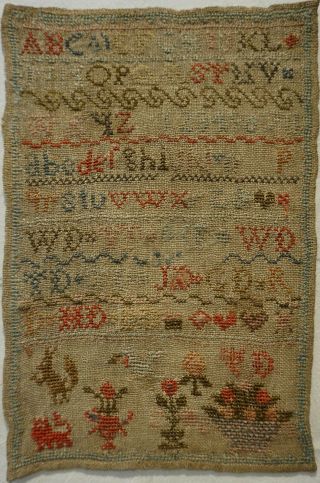 Small Early 19th Century Alphabet & Motif Sampler Initialled Wd/td Etc - C.  1835