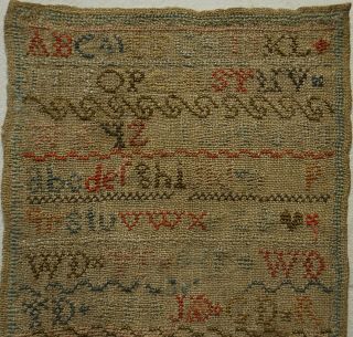 SMALL EARLY 19TH CENTURY ALPHABET & MOTIF SAMPLER INITIALLED WD/TD etc - c.  1835 2