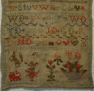 SMALL EARLY 19TH CENTURY ALPHABET & MOTIF SAMPLER INITIALLED WD/TD etc - c.  1835 3
