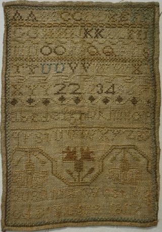 Small Early 19th Century Alphabet & Carnation Sampler By Susanna West Age 8 1817