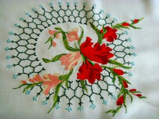 Vintage Hand Embroidered Floral Linen Tablecloth Gorgeous Colourful Lilies
