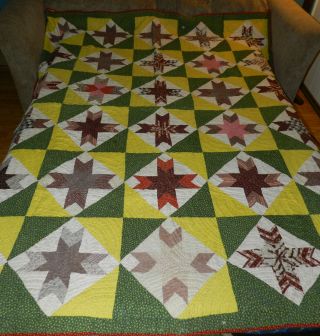 Lovely Primitive Antique/vintage Cutter Quilt Green Yellow Brown